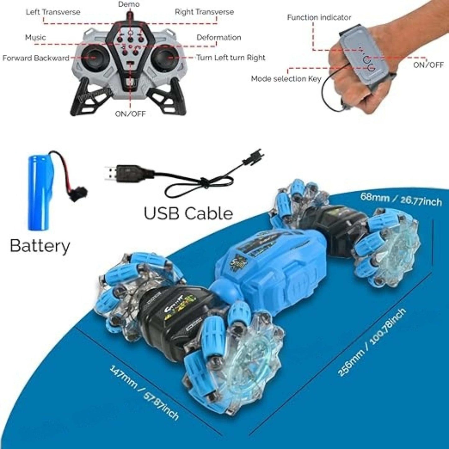 Hand Gesture + Remote Controlled RC Stunt Car | 4WD Off-Road | 360° Spins | Lights & Music | Rechargeable |