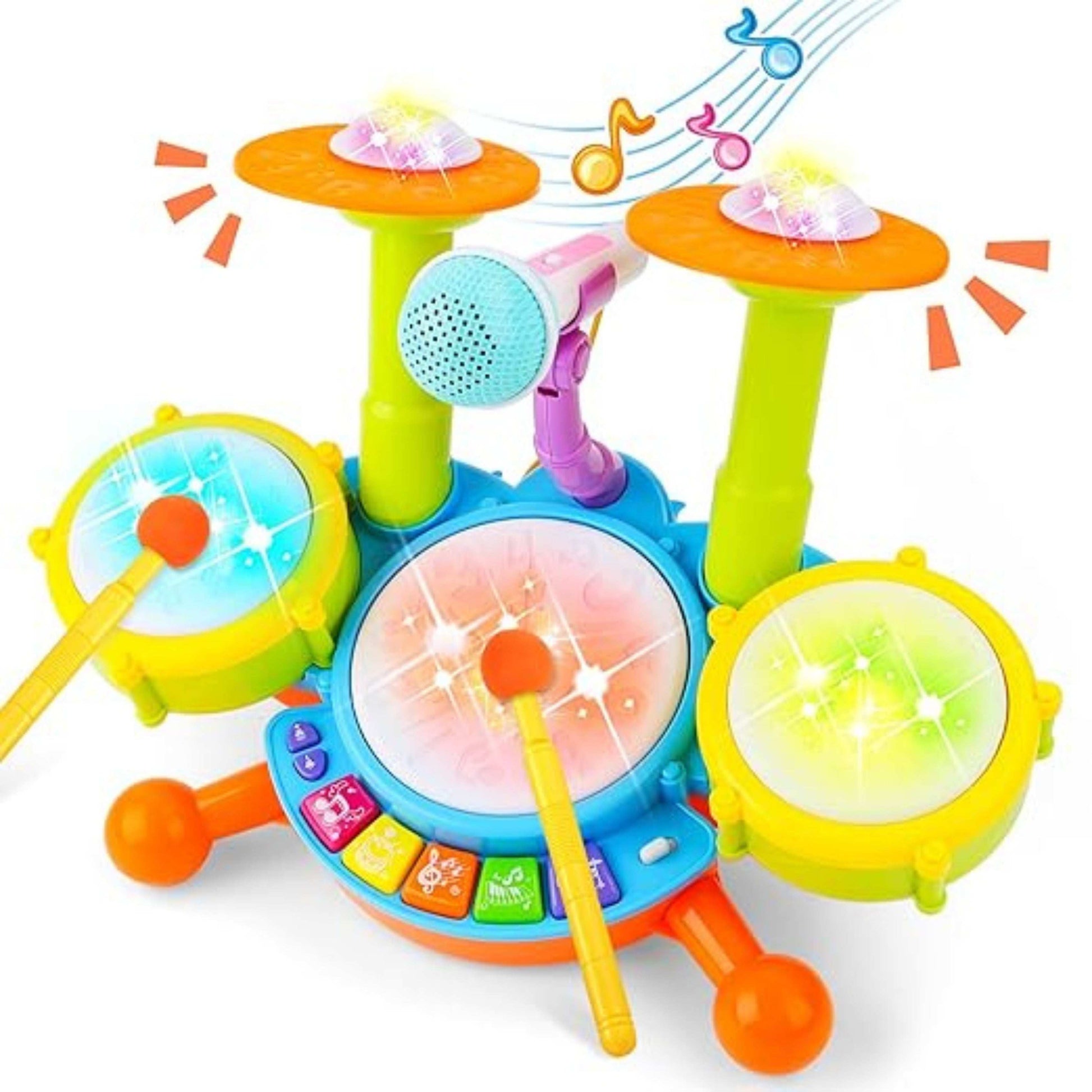 Baby Drum, Percussion Set for Beginners, with 3 Drums and Microphone, 18 Songs, 2 Drumsticks, Sound and Light Effects