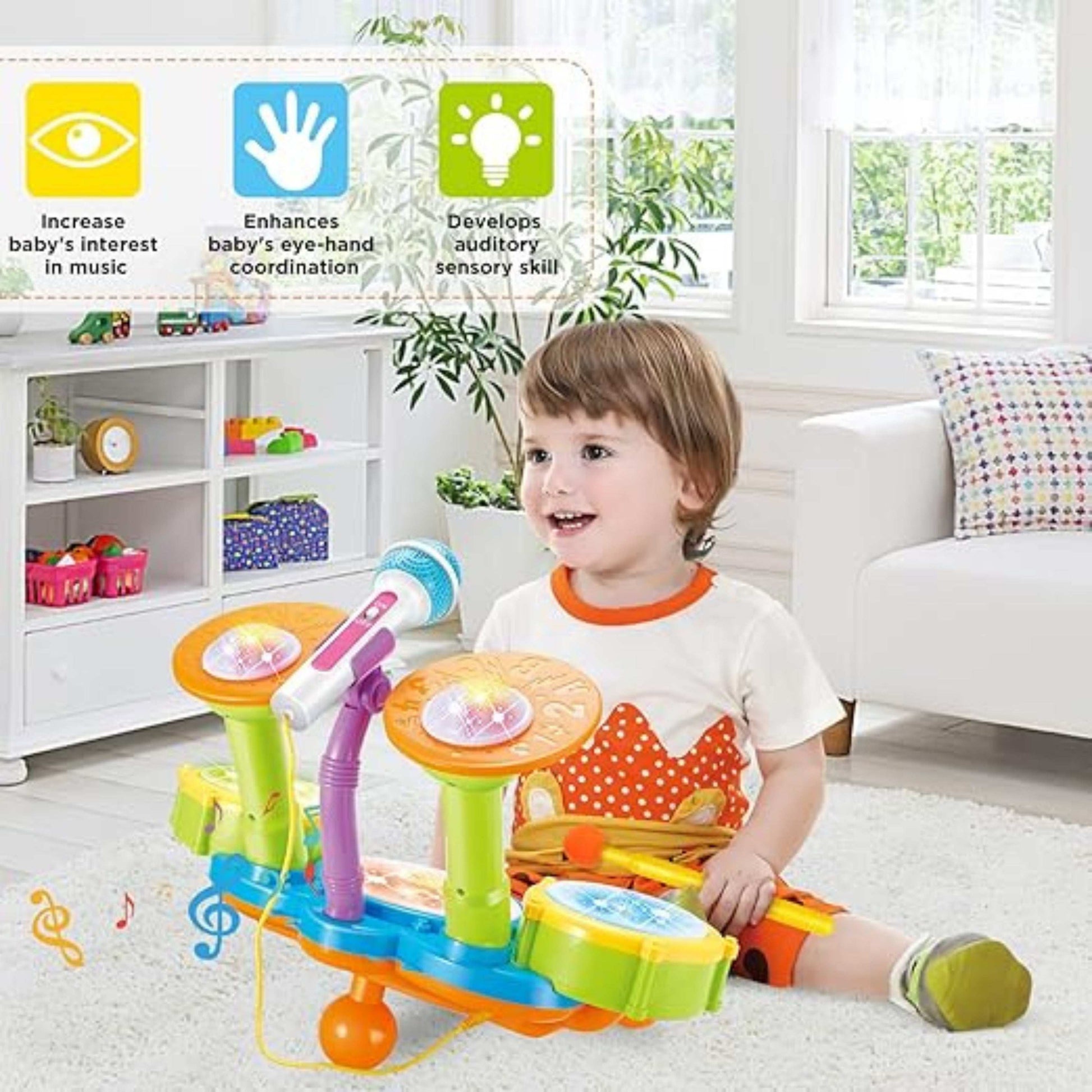 Baby Drum, Percussion Set for Beginners, with 3 Drums and Microphone, 18 Songs, 2 Drumsticks, Sound and Light Effects