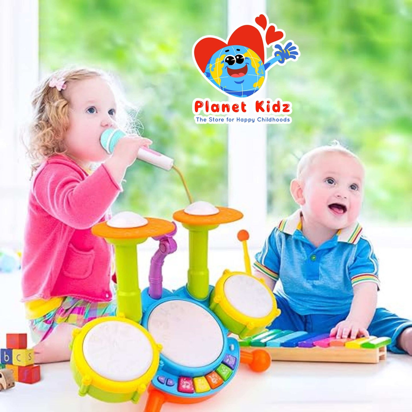 Baby Drum, Percussion Set for Beginners, with 3 Drums and Microphone, 18 Songs, 2 Drumsticks, Sound and Light Effects