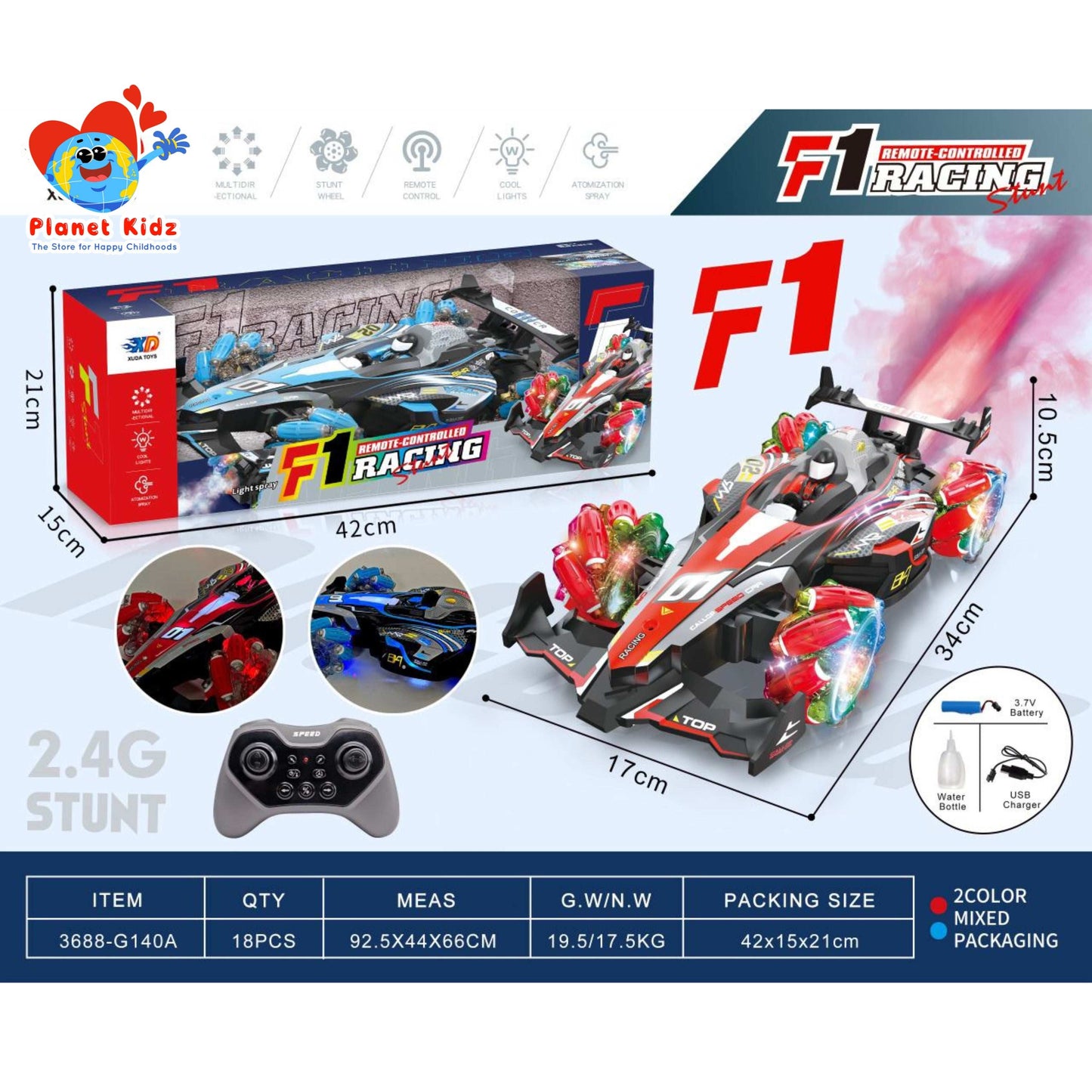 F1 Racing Stunt Car with 360° Motion, LED Lights, Smoke & Dual Control – 1:14 Scale