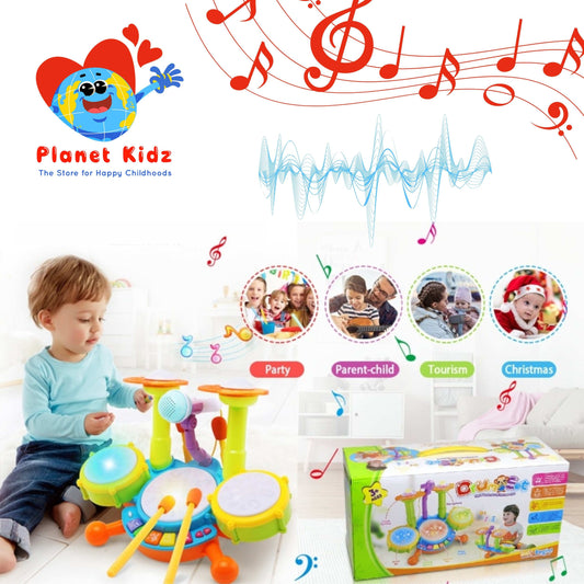 Baby Drum, Percussion Set for Beginners, with 3 Drums and Microphone, 18 Songs, 2 Drumsticks, Sound and Light Effects