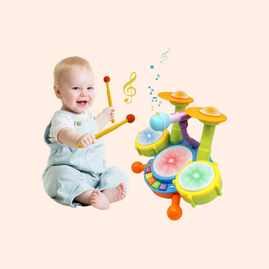 Baby Drum, Percussion Set for Beginners, with 3 Drums and Microphone, 18 Songs, 2 Drumsticks, Sound and Light Effects